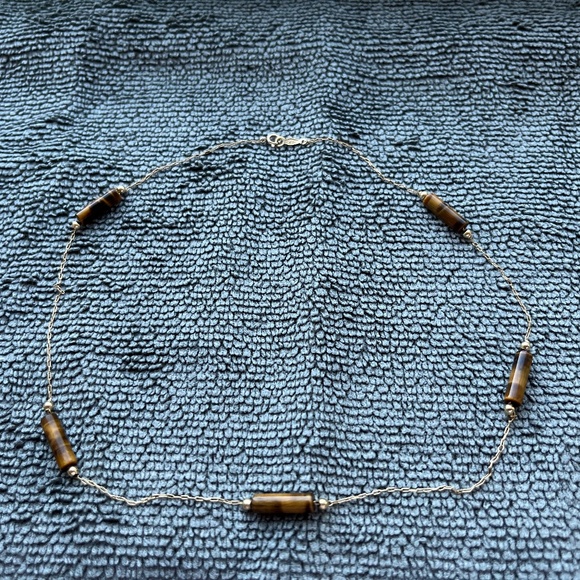 Vintage 14K Yellow Gold & 14K Yellow Gold Chain Tiger Eye 15 3/4"Choker Necklace - Picture 3 of 9